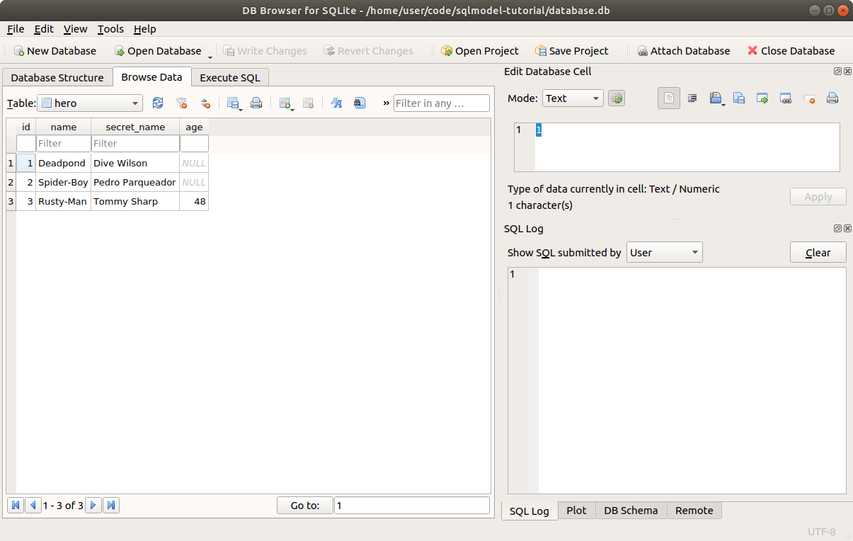 DB Browser for SQLite showing the heroes